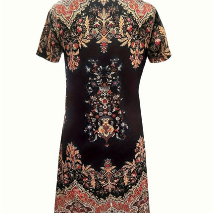 Vintage Graphic Print Dress, Notched Neck Short Sleeve Dress For Spring & Summer, Women's Clothing