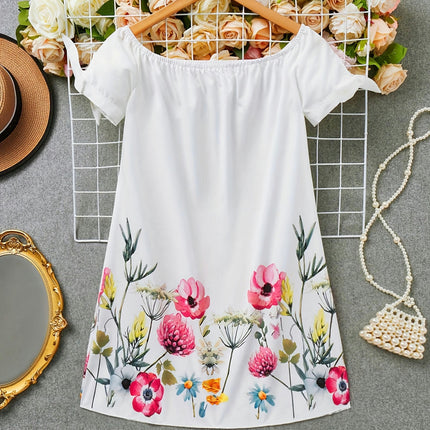 Floral Print Off Shoulder Dress,Short Sleeve Elastic Dress For Spring & Summer, Women's Clothing