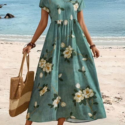 Floral Print V-neck Aline Dress, Elegant Short Sleeve Dress For Spring & Summer, Women's Clothing