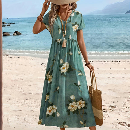 Floral Print V-neck Aline Dress, Elegant Short Sleeve Dress For Spring & Summer, Women's Clothing