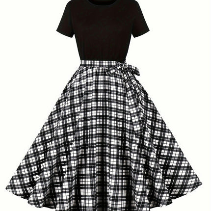 Chic Plaid Print Belted Dress -Crew Neck Womens Clothing Perfect for Spring & Summer