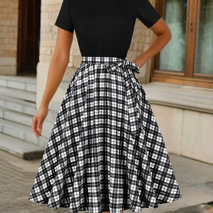 Chic Plaid Print Belted Dress -Crew Neck Womens Clothing Perfect for Spring & Summer