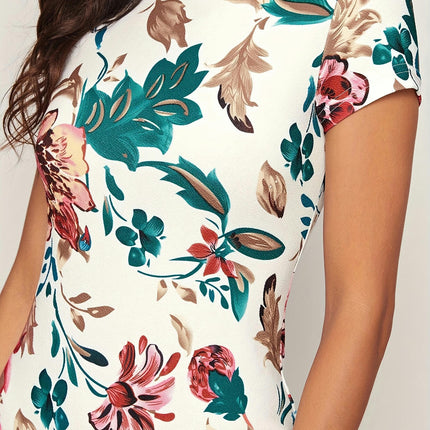 Floral Print Mock Neck Bodycon Dress, Women's Short Sleeve Dress For Summer & Spring