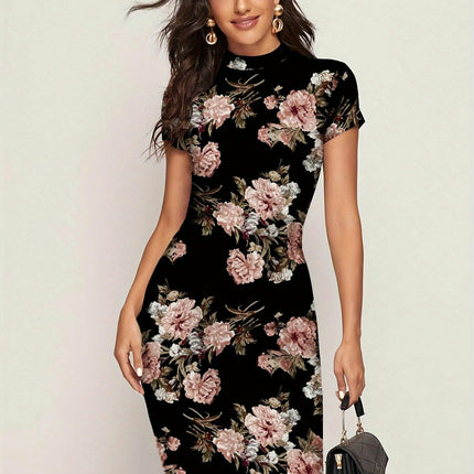 Floral Print Mock Neck Bodycon Dress, Women's Short Sleeve Dress For Summer & Spring