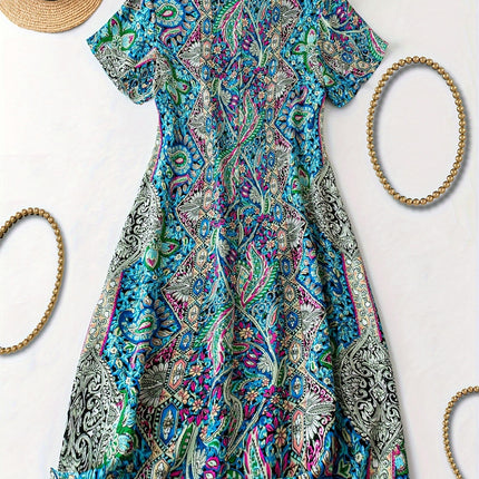 Print A-line Dress-V-neck, Short Sleeve, Vacation-Ready, Spring and Summer Women's Clothing