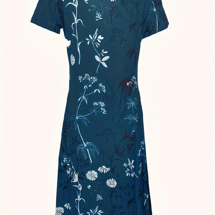 Floral Print Crew Neck Dress,Short Sleeve A-line Dress For Spring & Summer, Women's Clothing