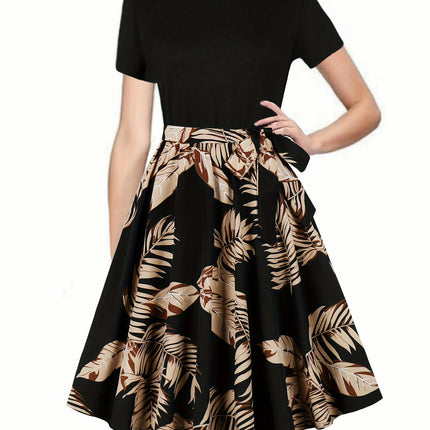 Tropical Print Belted Dress, Vacation Style Crew Neck Short Sleeve Dress For Spring & Summer