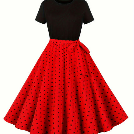 Elegant Chic Polka Dot Crew Neck Dress Versatile Belted Summer Attire, Machine-Washable