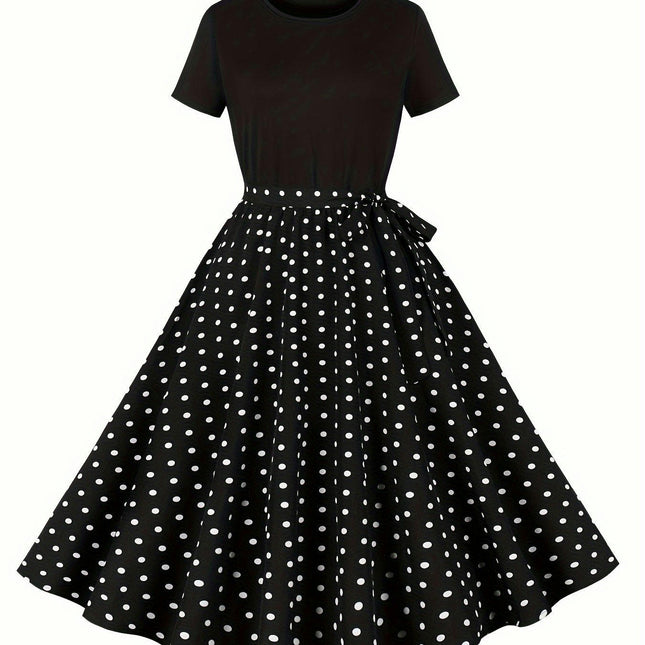 Elegant Chic Polka Dot Crew Neck Dress Versatile Belted Summer Attire, Machine-Washable