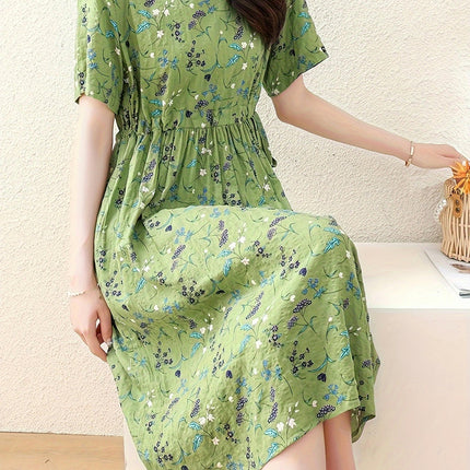 Floral Crew Neck A-line Dress - Short Sleeve, Casual, Comfortable, Spring & Summer Women's Clothing