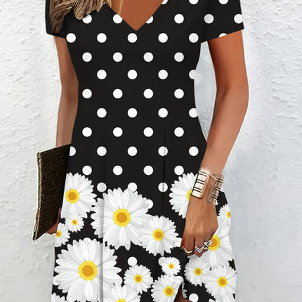 Daisy Print Polka Dot Dress, Casual V Neck Short Sleeve Dress For Spring & Summer, Women's Clothing