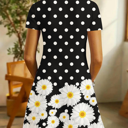 Daisy Print Polka Dot Dress, Casual V Neck Short Sleeve Dress For Spring & Summer, Women's Clothing