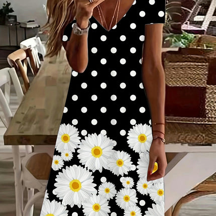 Daisy Print Polka Dot Dress, Casual V Neck Short Sleeve Dress For Spring & Summer, Women's Clothing