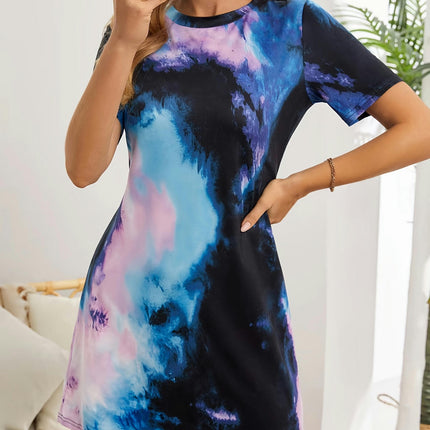 Vibrant Tie Dye Crew Neck Short Sleeve Dress - Soft, Breathable, Relaxed Fit, for Spring & Summer