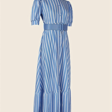 Women's Striped Print Swing Dress-Belted, Ruffled Hem, Short Sleeve Dress for Spring & Summer