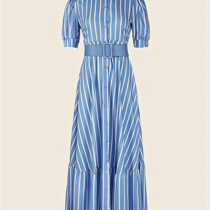 Women's Striped Print Swing Dress-Belted, Ruffled Hem, Short Sleeve Dress for Spring & Summer