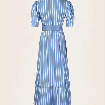 Women's Striped Print Swing Dress-Belted, Ruffled Hem, Short Sleeve Dress for Spring & Summer