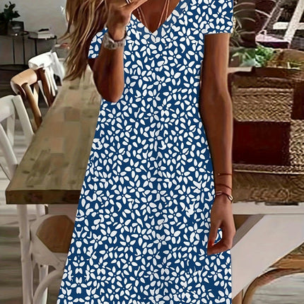 Vibrant Floral A-line V-neck Short Sleeve Dress-Comfortable Spring & Summer Womens Clothing