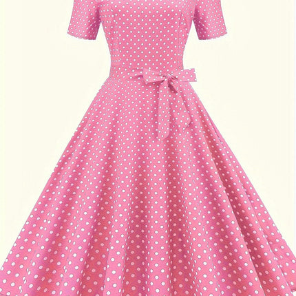 Flirty Polka Dot Ruffle Trim Dress with Belt-Square Neck, Short Sleeves, A-line for Spring & Summer