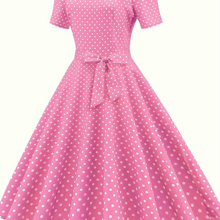 Flirty Polka Dot Ruffle Trim Dress with Belt-Square Neck, Short Sleeves, A-line for Spring & Summer