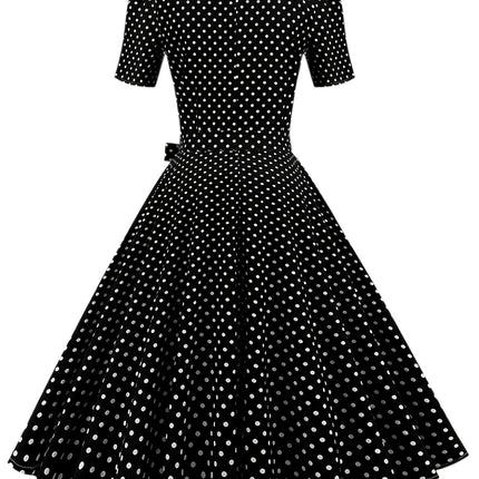 Summer Vintage Chic Polka Dot Dress â€?Elegant Square Neck, Knee-High with Belt, Breathable