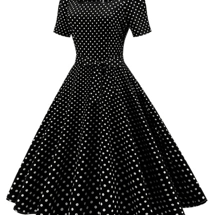 Summer Vintage Chic Polka Dot Dress â€?Elegant Square Neck, Knee-High with Belt, Breathable