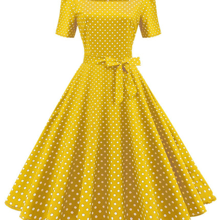 Summer Vintage Chic Polka Dot Dress â€?Elegant Square Neck, Knee-High with Belt, Breathable