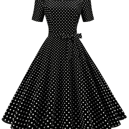 Summer Vintage Chic Polka Dot Dress â€?Elegant Square Neck, Knee-High with Belt, Breathable