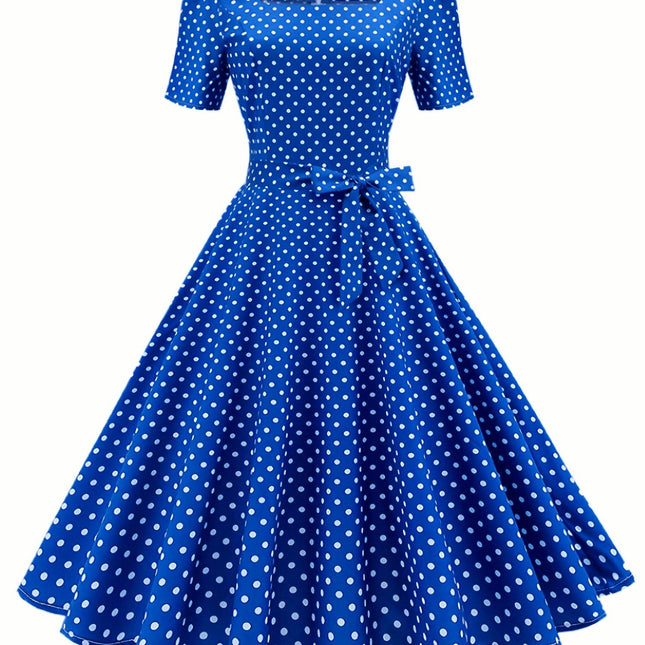 Summer Vintage Chic Polka Dot Dress â€?Elegant Square Neck, Knee-High with Belt, Breathable