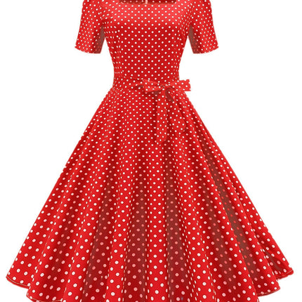 Summer Vintage Chic Polka Dot Dress â€?Elegant Square Neck, Knee-High with Belt, Breathable