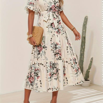 Floral Ruffle Belted Dress-V Neck, Short Sleeves for Spring & Summer, Women's Clothing for Outdoor