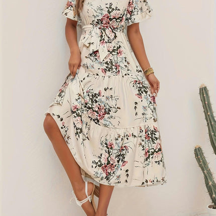 Floral Ruffle Belted Dress-V Neck, Short Sleeves for Spring & Summer, Women's Clothing for Outdoor