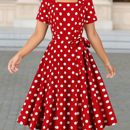 Polka Dot Print Square Neck Dress Belted Design for Spring & Summer Short Sleeve Womens Clothing