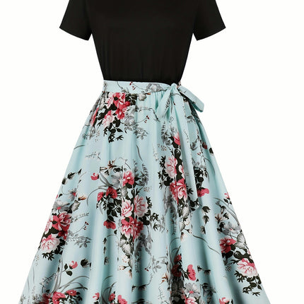 Spring/Summer Elegance Floral Crew Neck Dress with Belted Waist, Perfect for Women's Wear