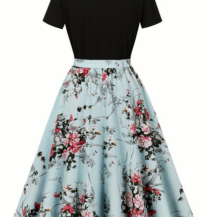 Spring/Summer Elegance Floral Crew Neck Dress with Belted Waist, Perfect for Women's Wear