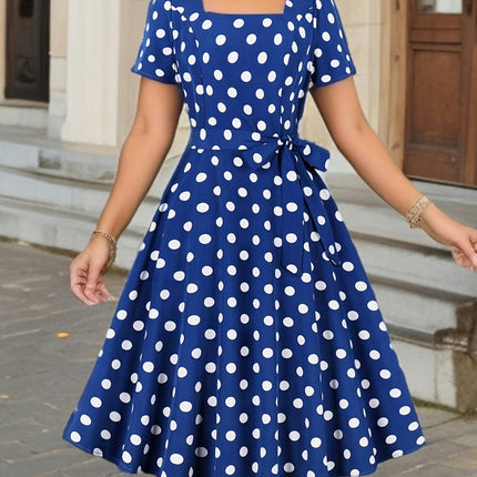 Polka Dot Print Square Neck Dress Belted Design for Spring & Summer Short Sleeve Womens Clothing