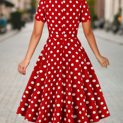 Polka Dot Print Square Neck Dress Belted Design for Spring & Summer Short Sleeve Womens Clothing