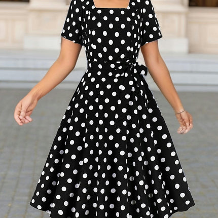 Polka Dot Print Square Neck Dress Belted Design for Spring & Summer Short Sleeve Womens Clothing