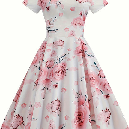 Floral Print Dress, Retro Short Sleeve Crew Neck Dress For Spring & Summer, Women's Clothing