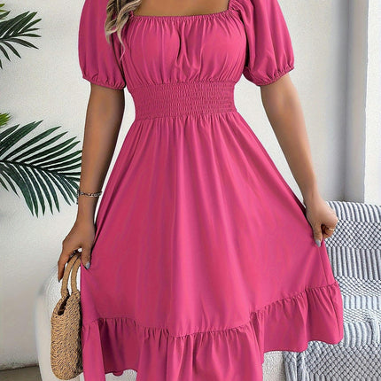 Solid Color Square Neck Midi Dress, Casual Dress For Summer, Women's Dress Clothing