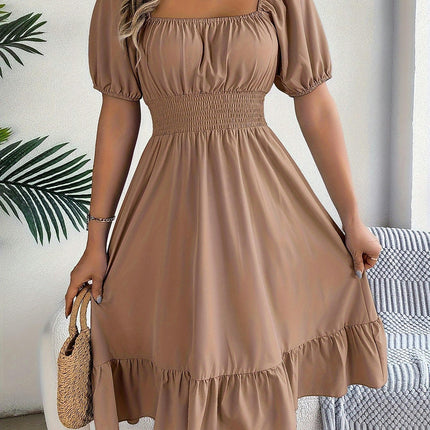 Solid Color Square Neck Midi Dress, Casual Dress For Summer, Women's Dress Clothing