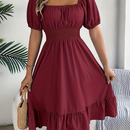 Solid Color Square Neck Midi Dress, Casual Dress For Summer, Women's Dress Clothing