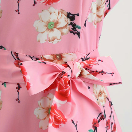 Charming Floral Print A Line Dress -Pleated Skirt with Tie Waist - Comfort Crew Neck & Short Sleeves