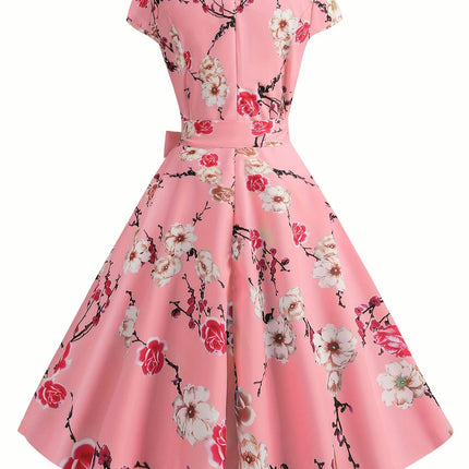 Charming Floral Print A Line Dress -Pleated Skirt with Tie Waist - Comfort Crew Neck & Short Sleeves