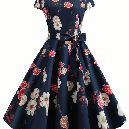 Charming Floral Print A Line Dress -Pleated Skirt with Tie Waist - Comfort Crew Neck & Short Sleeves