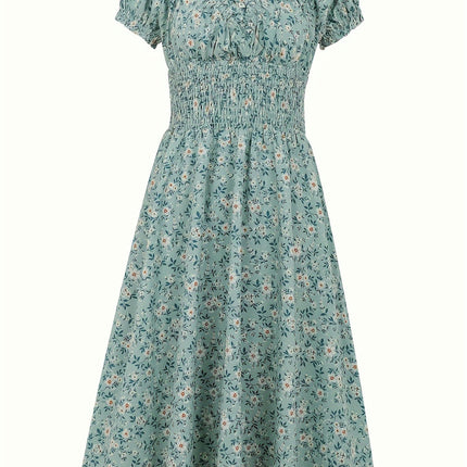 Short Sleeve Floral Print A-line Dress,V Neck Shirred Dress for Spring & Summer, Women's Clothing