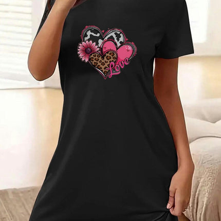 Leopard & Heart Print Dress for Women - Comfort Fi Crew Neck, Short Sleeves for Spring & Summer