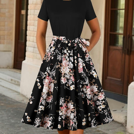 Womens Floral Print Belted Dress Crew Neck & Short Sleeves for Spring & Summer