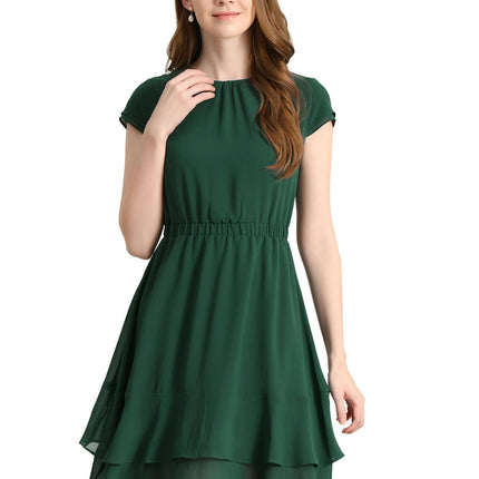 Women's Chiffon A-Line Cap Sleeve Elastic Waist Layered Ruffle Dress for Spring & Fall Season