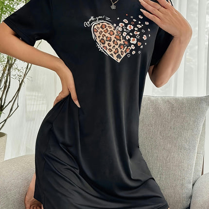 Summer Women's Heart Graphic Mini Dress, Casual Crew Neck Short Sleeve T-Shirt Dress for Everyday